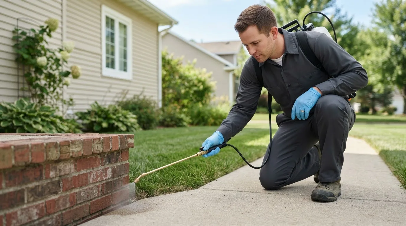 Pest control technician treating a home near Middlebury Center, PA